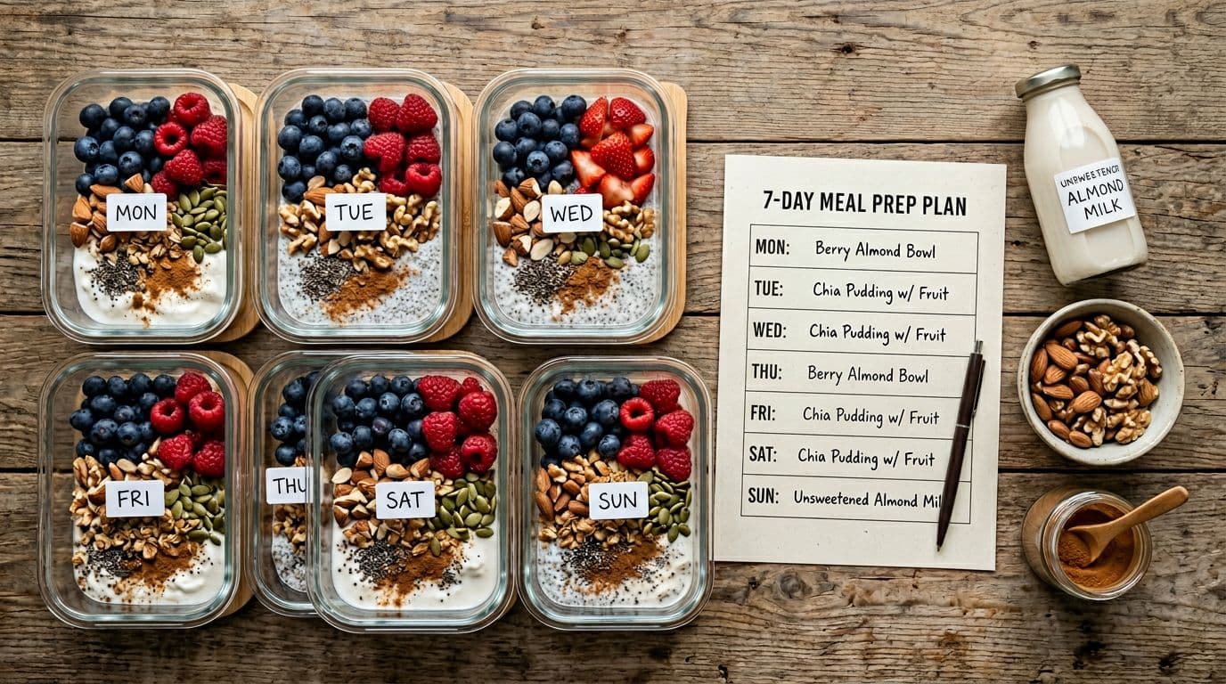Photorealistic top-down flat lay of 7-day meal prep in labeled glass containers filled with fresh fruits, nuts, cinnamon, and unsweetened almond milk, with a simple printed plan sheet on a neutral wood background under natural light.