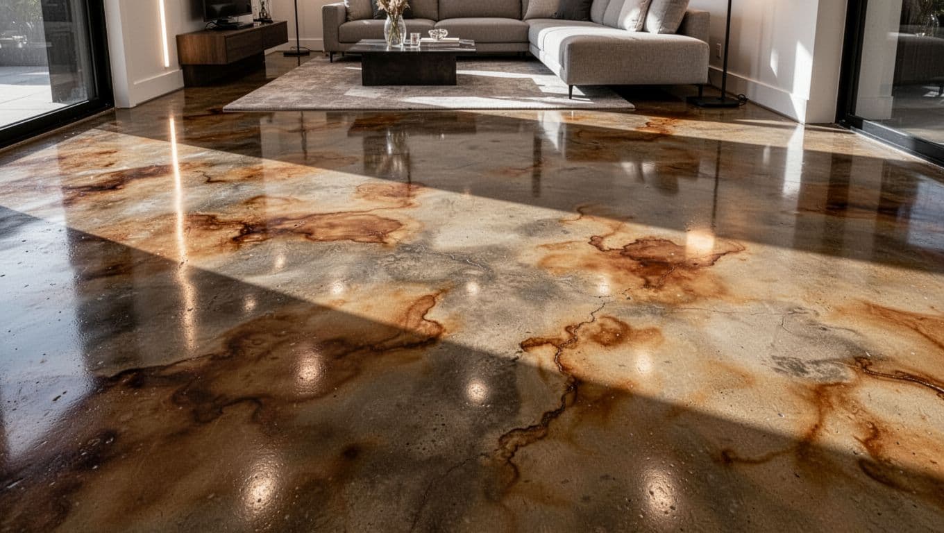Close-up of a polished interior concrete floor with acid stain in warm earth tones, displaying natural marbled mottled patterns and subtle color variations from chemical reactions with aggregate in a modern living room.