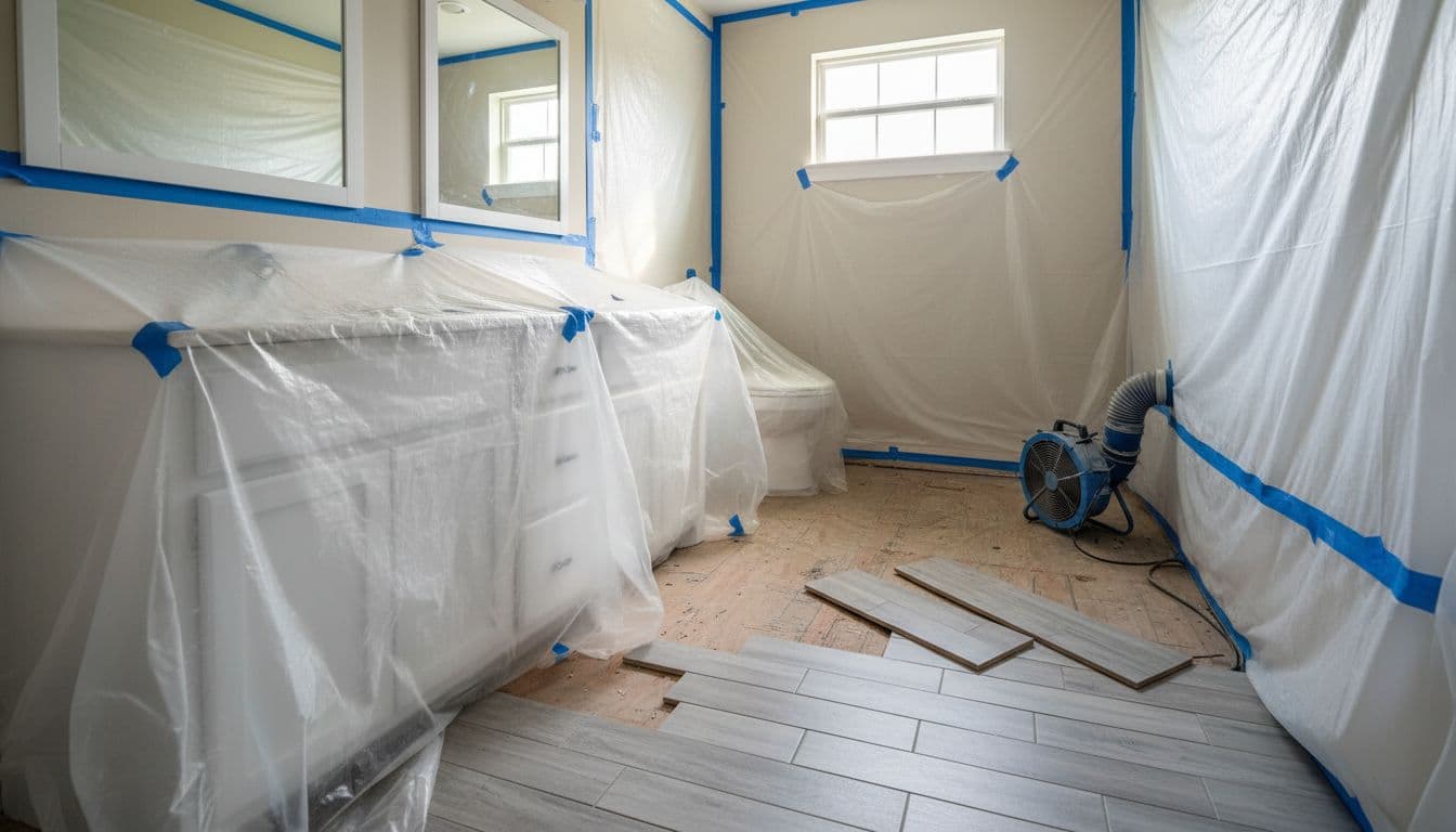 Bathroom flooring installation with protected fixtures