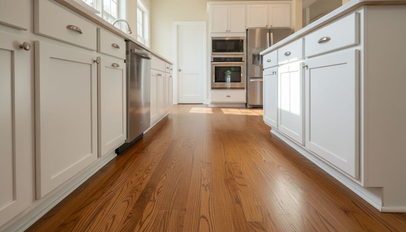 Bright kitchen with warm brown hardwood floors