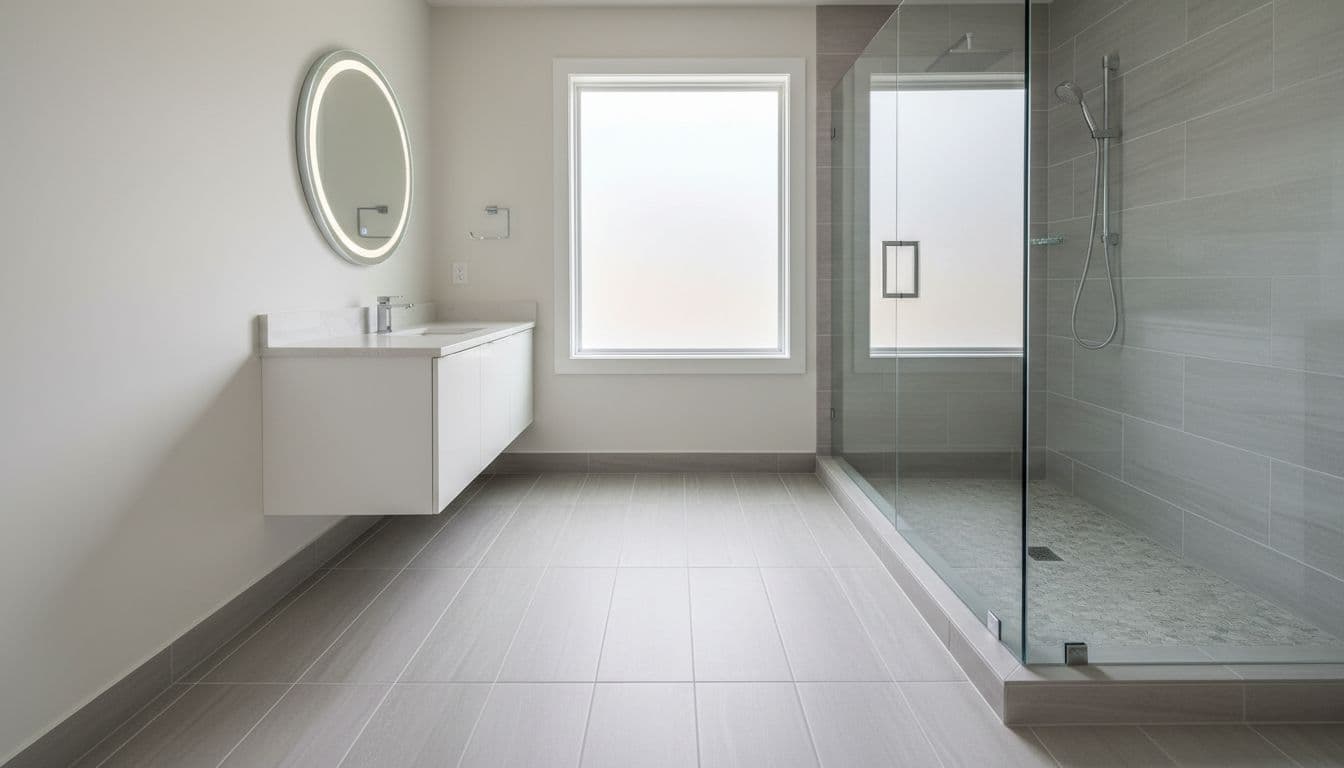 Ultra-realistic real-estate photo of a spa-like bathroom remodel featuring large-format matte porcelain tile flooring, modern quartz vanity, and frameless glass shower in neutral grays and whites.