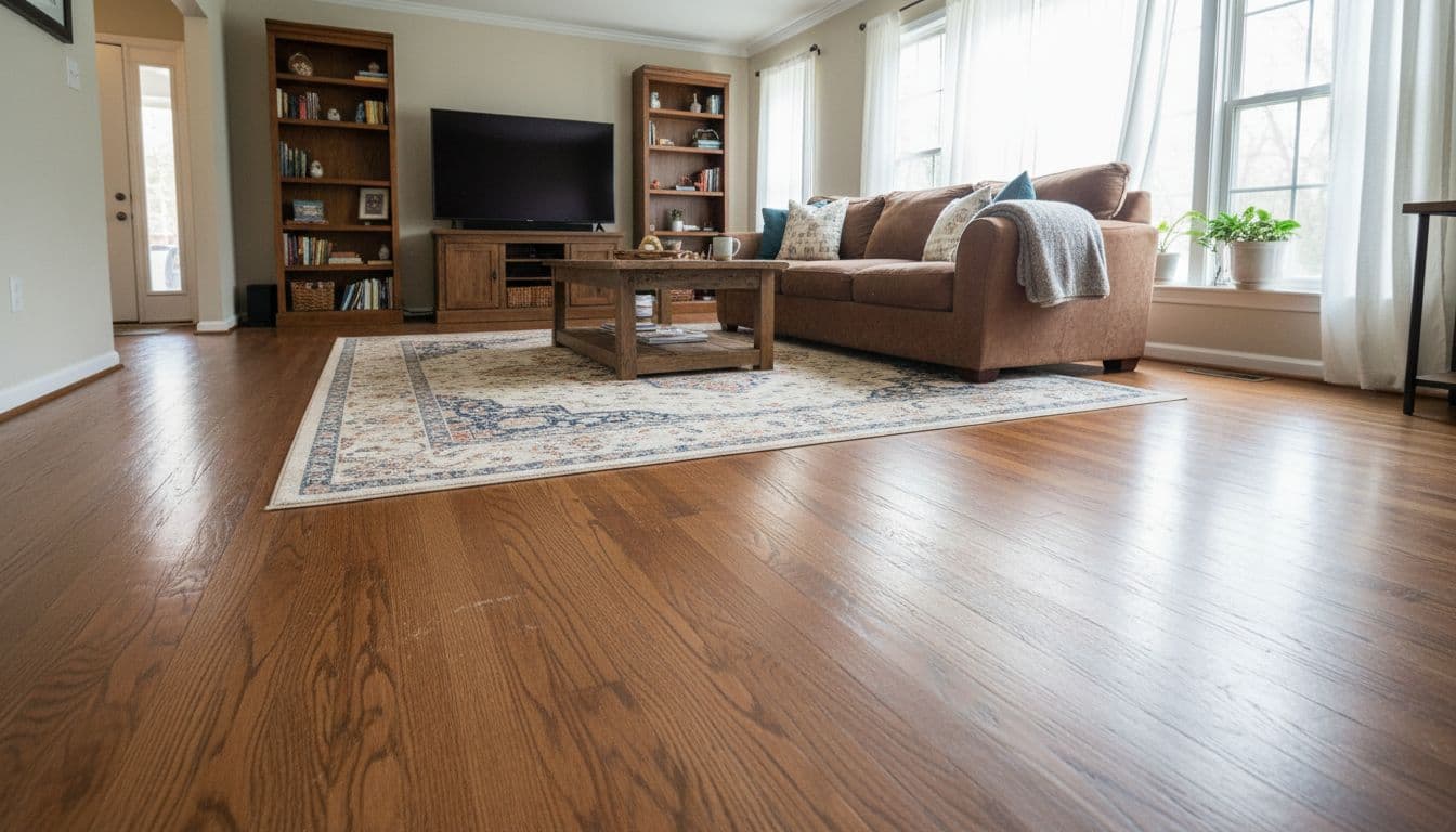 Cozy family room with subtle-wear hardwood floors