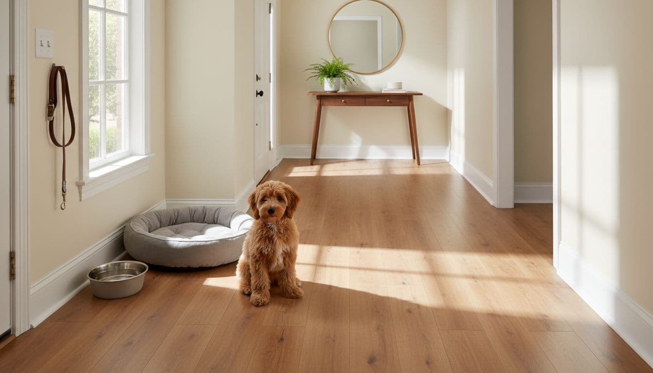 Photorealistic interior of upscale Alpharetta, Georgia suburban home entryway and hallway featuring scratch-resistant luxury vinyl plank flooring in warm oak with a playful small dog near pet bed.