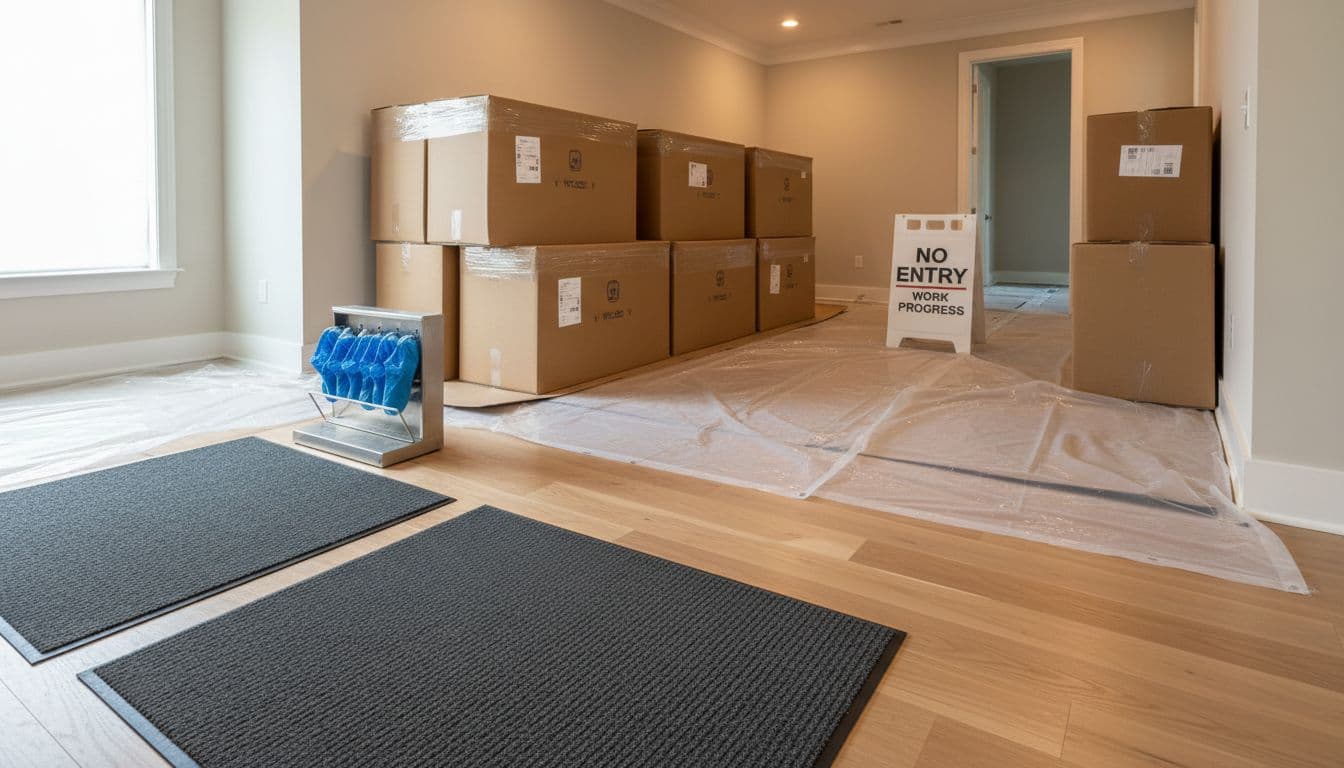 Hallway staging zone during floor replacement