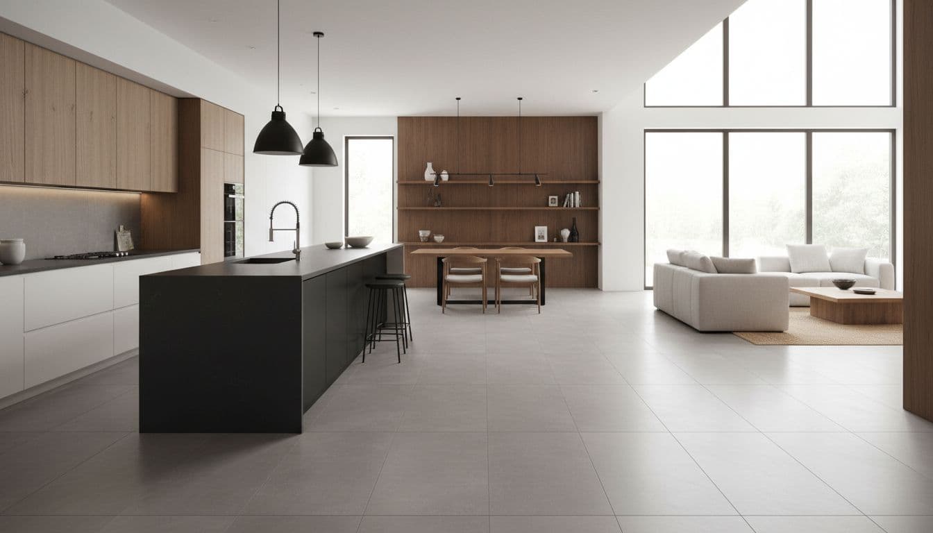 open concept kitchen with tile floor