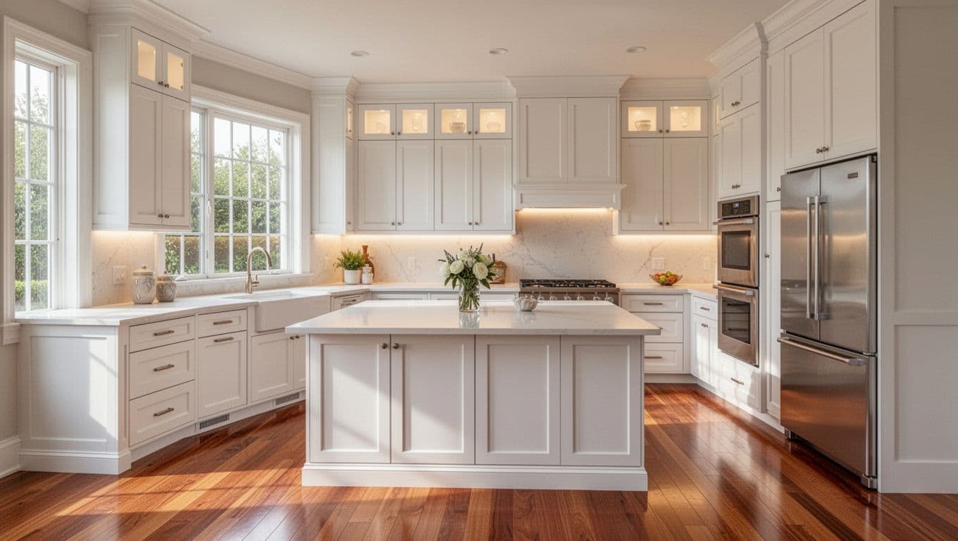 Photo-realistic image of an elegant Alpharetta kitchen featuring freshly refaced shaker-style cabinets in soft white finish, smooth quartz countertops, polished hardwood flooring, and upscale stainless appliances under warm lighting.