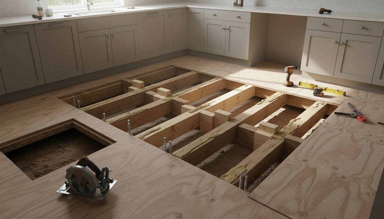 Ultra-realistic kitchen scene in an older Alpharetta home showing subfloor removed to expose joists, sistered joist repair with blocking, adhesive, and screws, crawlspace access, neutral cabinetry, natural daylight, and tools like saw, drill, and level.