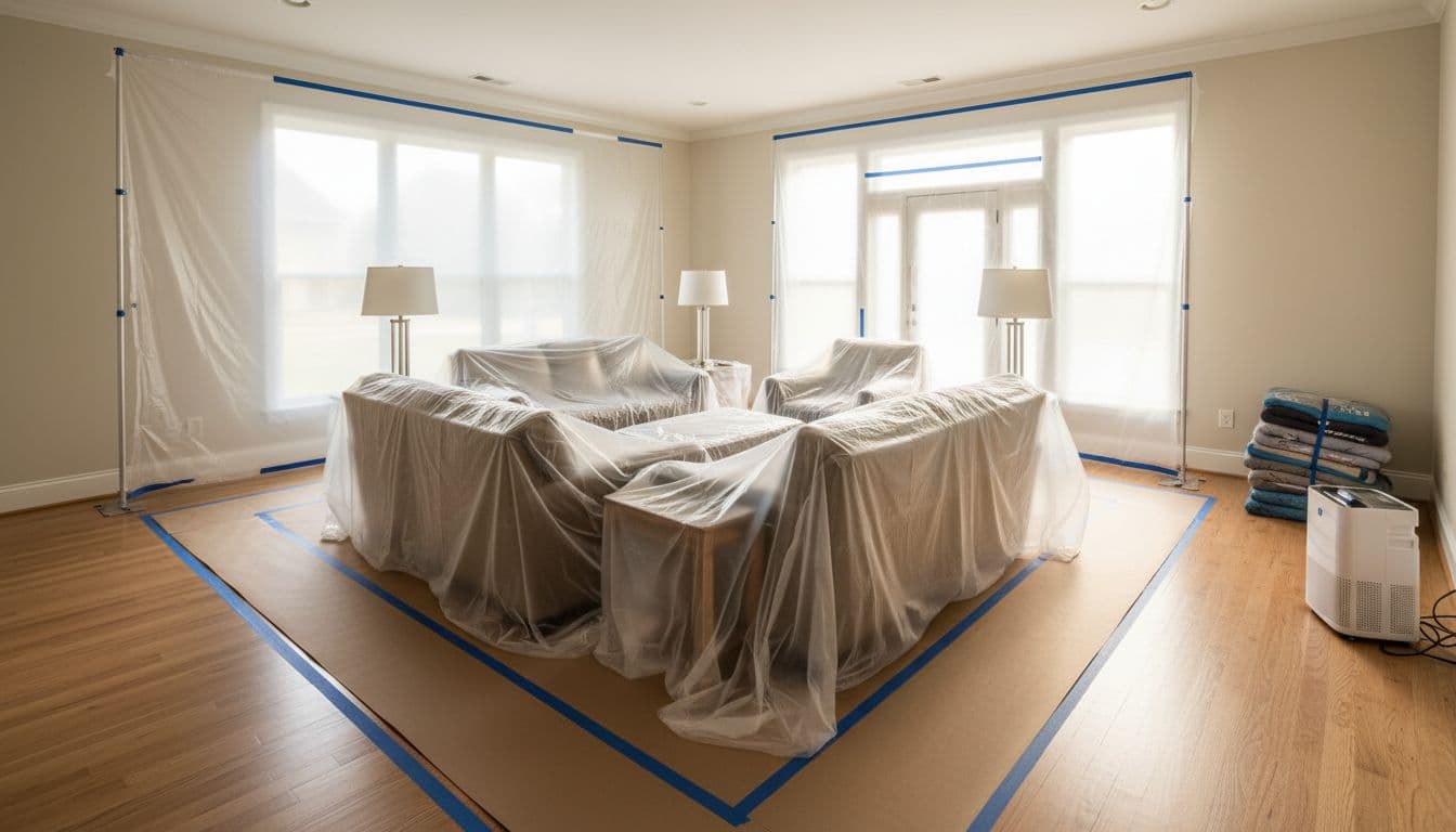 Living room prepped with dust barriers and wrapped furniture