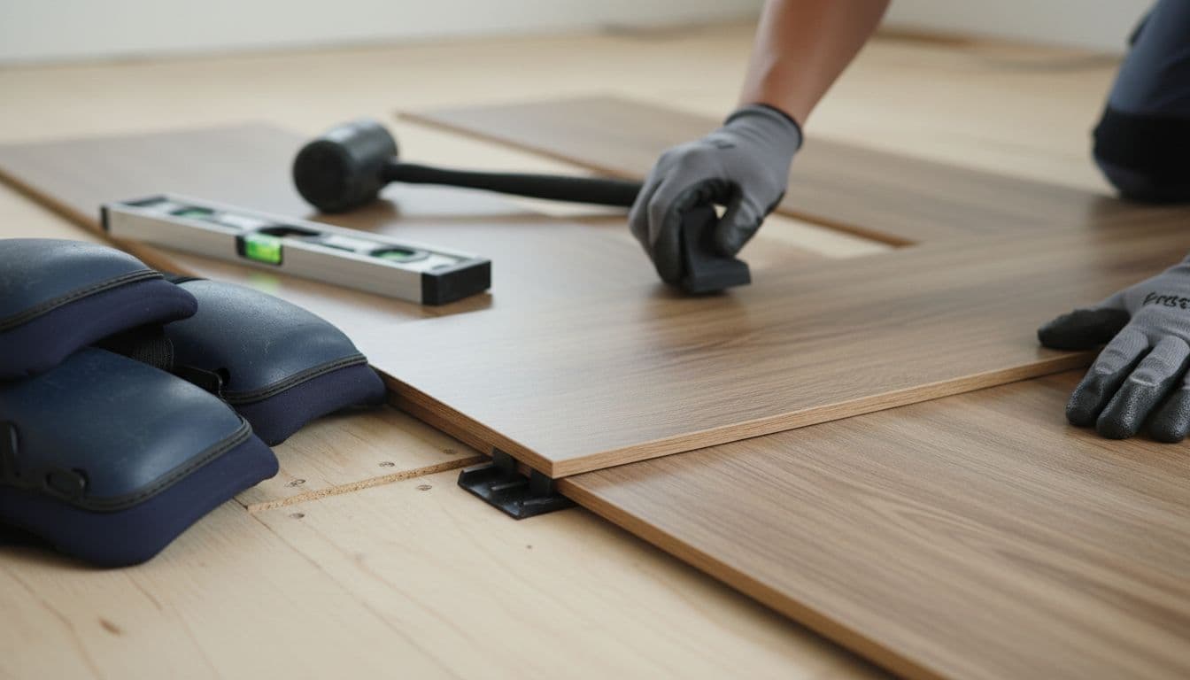 Close-up view of a flooring contractor's hands using a spacer and tapping block to install luxury vinyl plank on a wood subfloor, with tools like mallet, knee pads, and level nearby.