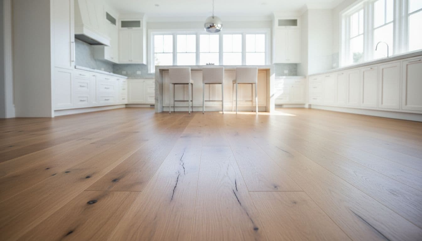 Photorealistic high-end residential interior of a modern-elegant kitchen in an upscale Alpharetta GA home, featuring wide-plank prefinished oak hardwood flooring with satin sheen and natural grain textures, bright natural light, clean white cabinets, and island with stools.