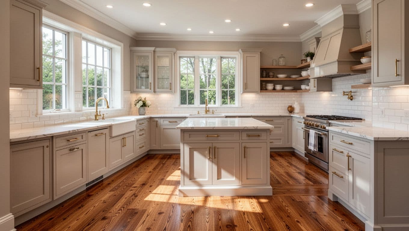 Photo-realistic image of an upscale Alpharetta kitchen remodel highlighting integrated refinished hardwood floors, new shaker cabinets, premium quartz counters, subway tile backsplash, soft recessed lighting, brass hardware, open shelving, and warm natural light in a luxury residential style.