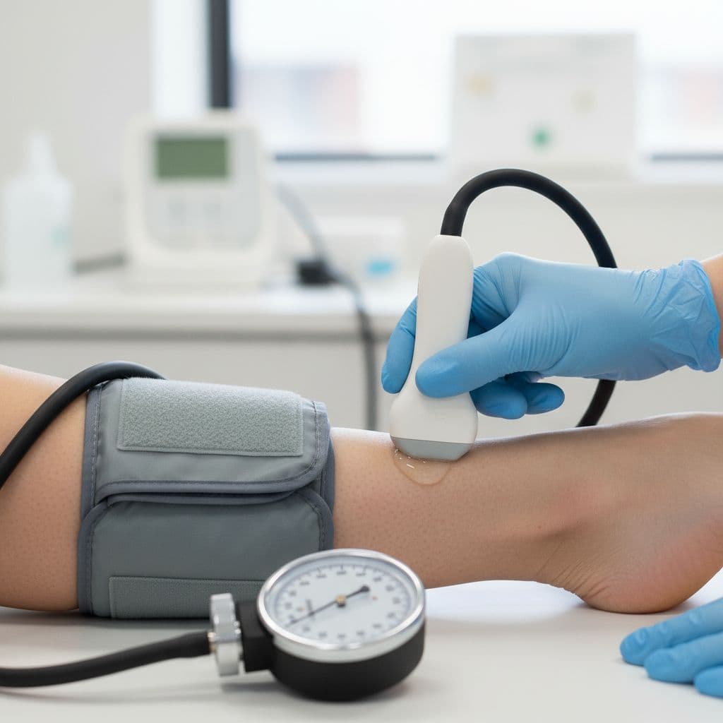 Photorealistic close-up of ankle-brachial index (ABI) procedure showing blood pressure cuff on ankle, ultrasound gel, and gloved hand pressing Doppler probe against posterior tibial artery, with sphygmomanometer gauge nearby in blurred clinic background.