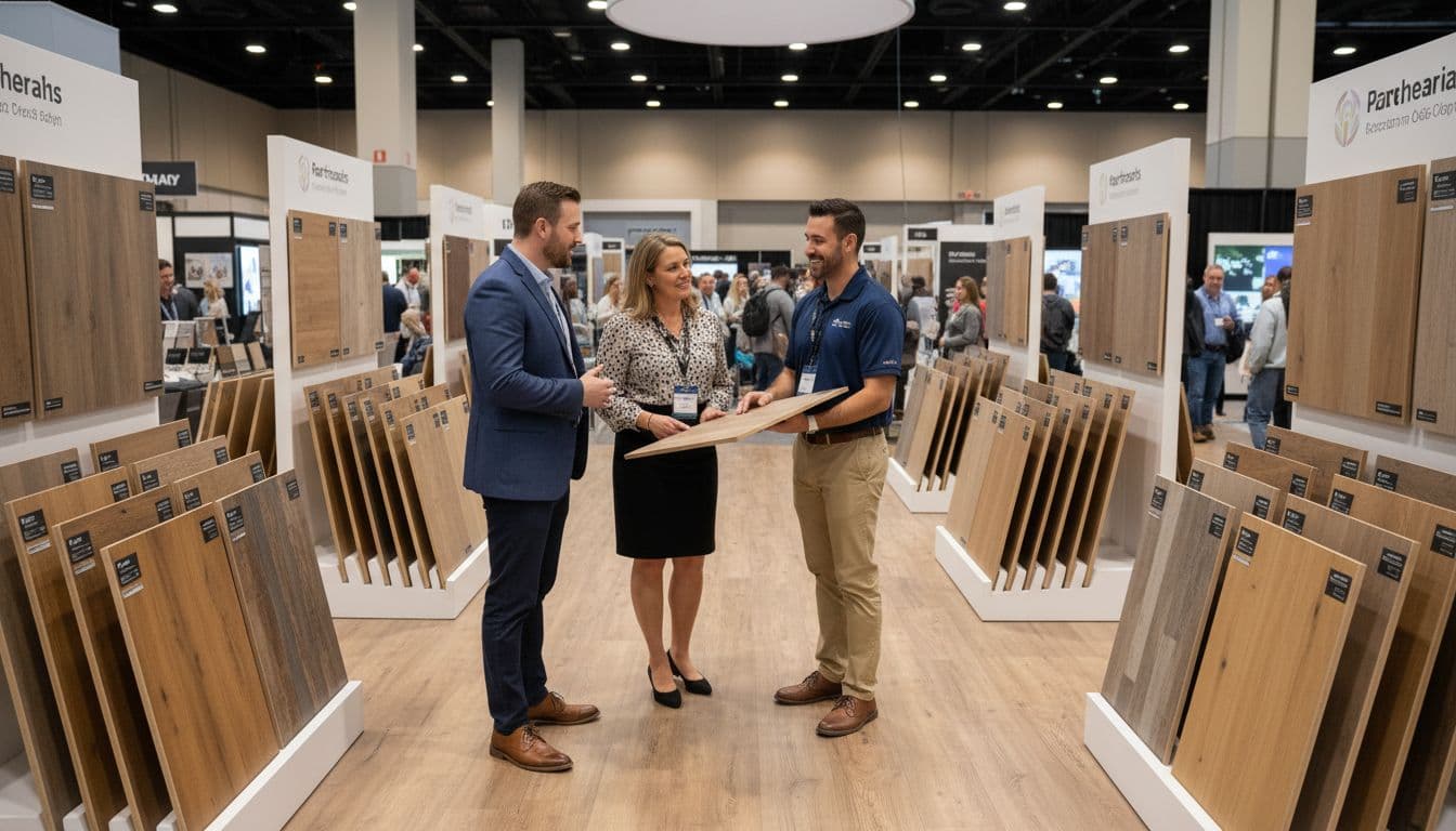 Busy booth at an annual flooring trade show displays new 2026 laminate flooring samples featuring high aluminum oxide grit wear layers, with three professionals in business casual discussing with a sales rep amid a lively convention hall atmosphere.