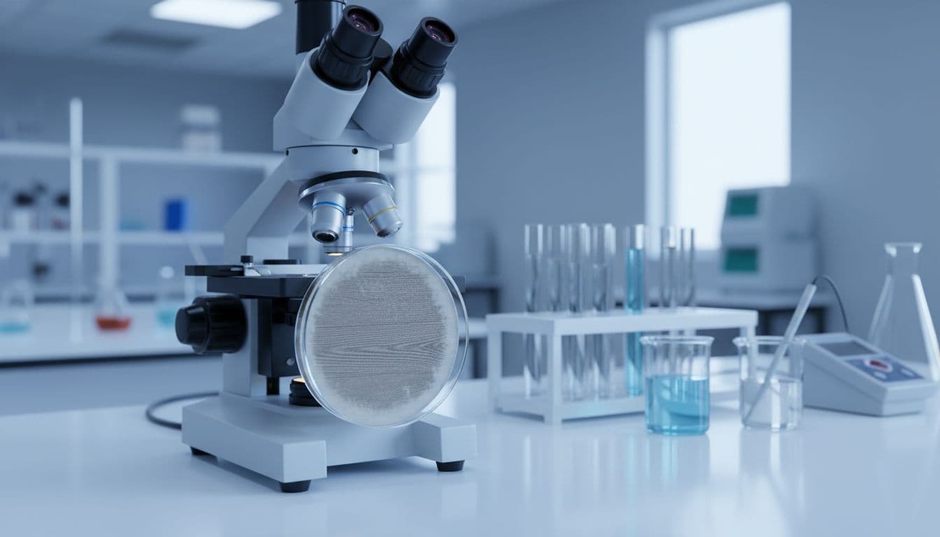Laboratory scene showing a flooring sample on a petri dish under microscope testing antimicrobial properties on a clean white lab bench with test tubes nearby.