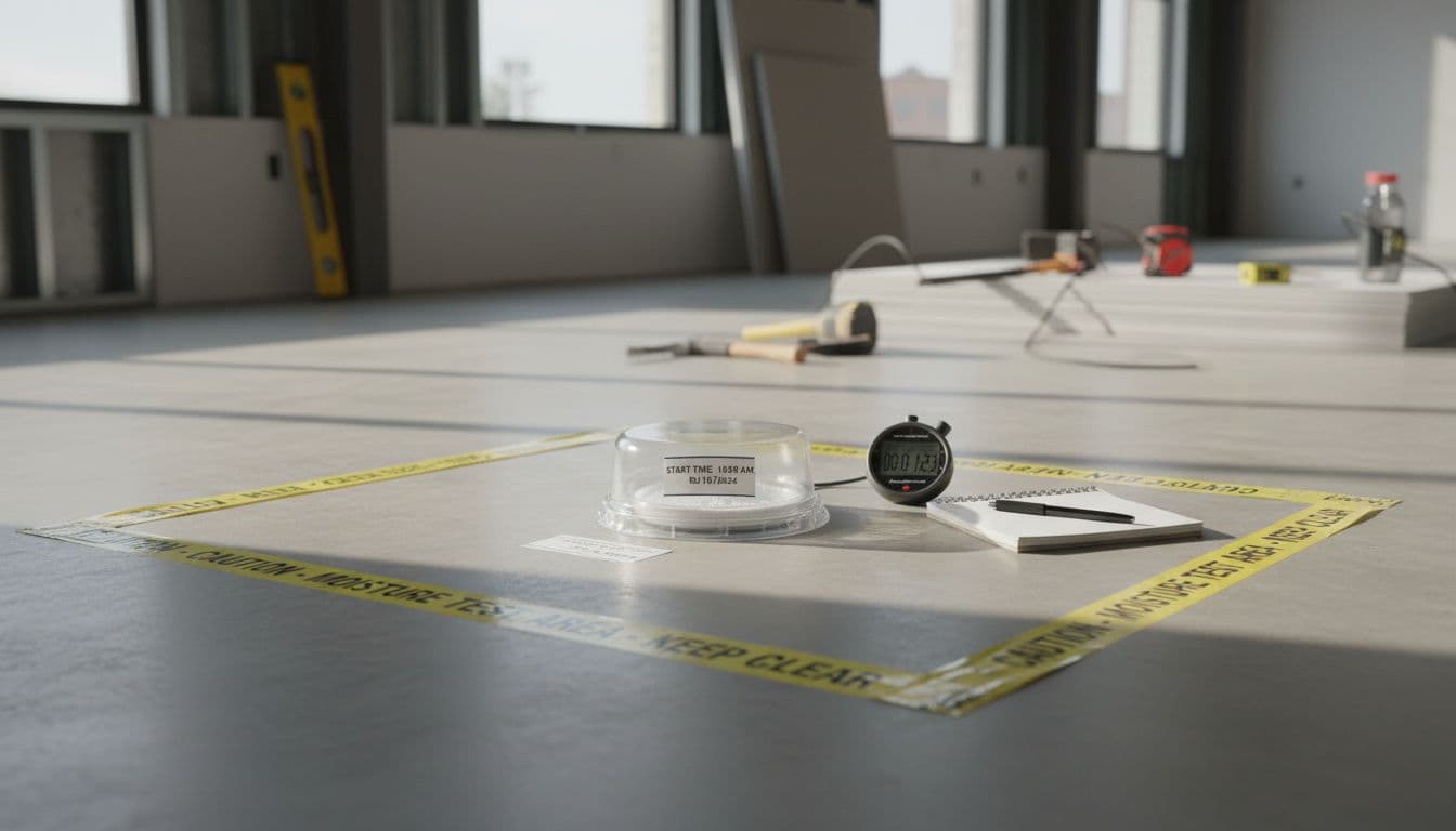 Photorealistic editorial-style image of a calcium chloride test kit setup per ASTM F1869 on a clean concrete slab in a construction environment, featuring a sealed dome with timer and label, caution tape, notepad with calculations, natural lighting, and sharp focus on the test area.