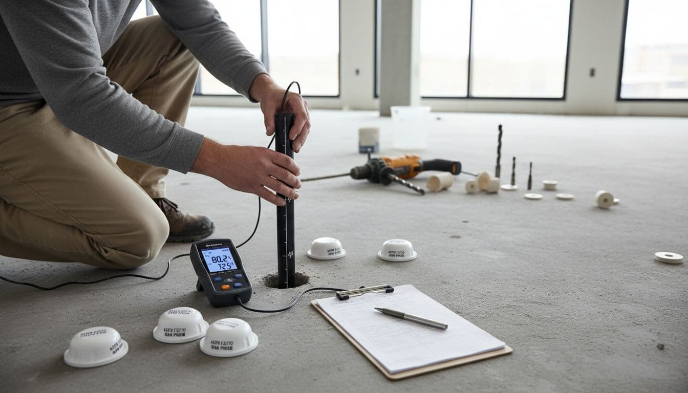 Photorealistic editorial image of a flooring installer kneeling on a bare concrete slab in a modern construction site, inserting an in-situ RH probe into a drilled hole at 40% depth per ASTM F2170, with a digital reader displaying around 80% RH and tools nearby.