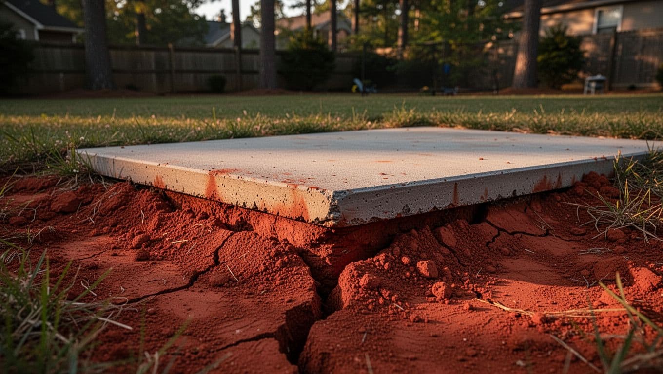 Vibrant red clay soil from Atlanta, Georgia, causes shrinkage and movement, exposing and cracking the edge of a concrete slab in a backyard setting with dramatic sunset lighting.