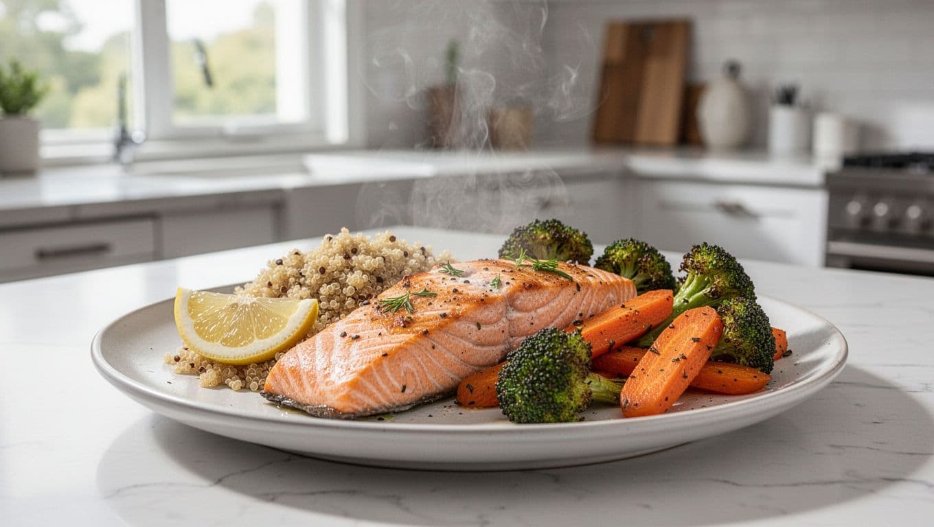Photorealistic food photography of a plated DASH-friendly dinner with baked salmon fillet, quinoa, and roasted broccoli and carrots garnished with a lemon wedge, captured in bright natural light in a modern home kitchen.