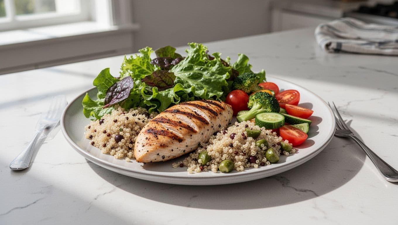 Photorealistic photo of a balanced plate featuring portions of leafy greens salad, grilled chicken, quinoa, and veggies on a kitchen table with bright natural light.