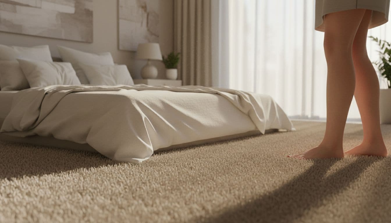 Cozy modern bedroom with thick plush beige carpet where bare feet step out of bed onto the soft floor, illuminated by warm morning light through the window in realistic photography style.