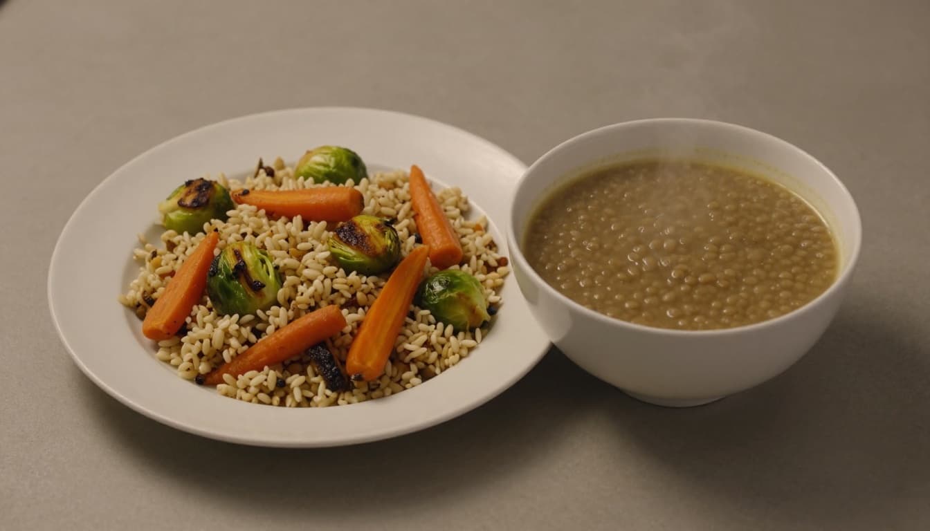 Photorealistic dinner plate of barley pilaf mixed with roasted Brussels sprouts and carrots, alongside a side bowl of thick lentil soup with subtle rising steam, on simple white dishware against a neutral background.