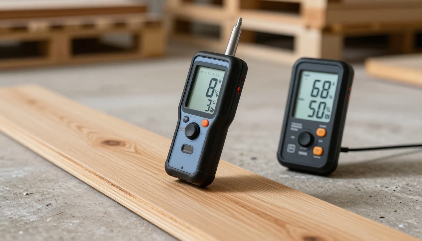 Moisture meters checking engineered wood and concrete in a basement