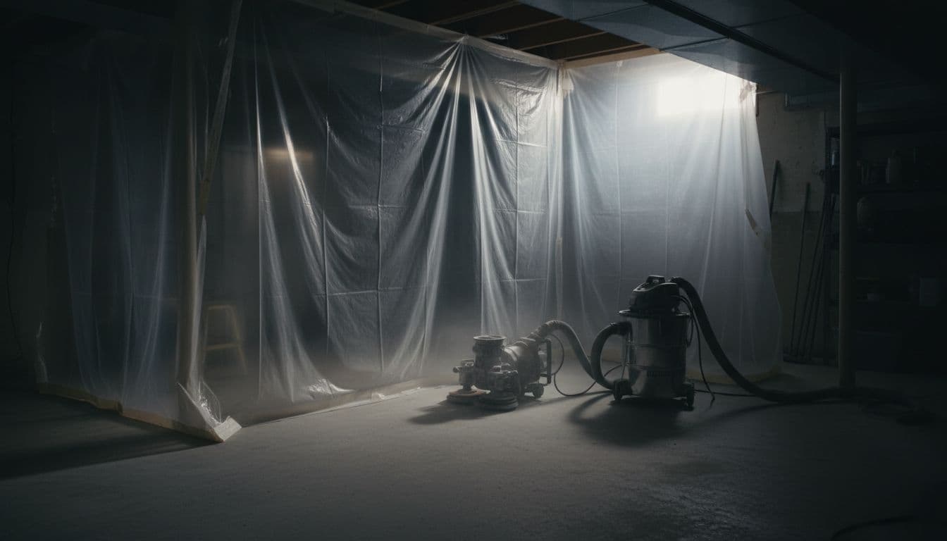 Basement sealed by floor-to-ceiling plastic sheeting around concrete grinder connected to HEPA vacuum, minimal dust with dramatic side lighting.