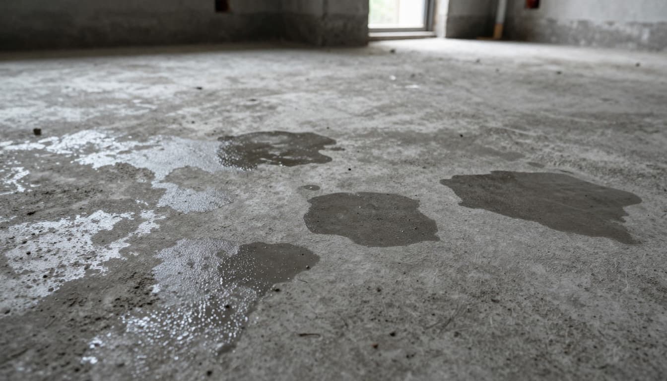 Photorealistic close-up of a basement concrete slab with dark damp spots indicating moisture issues, showing irregular darker patches and glistening humidity near the wall base in an unfinished setting.