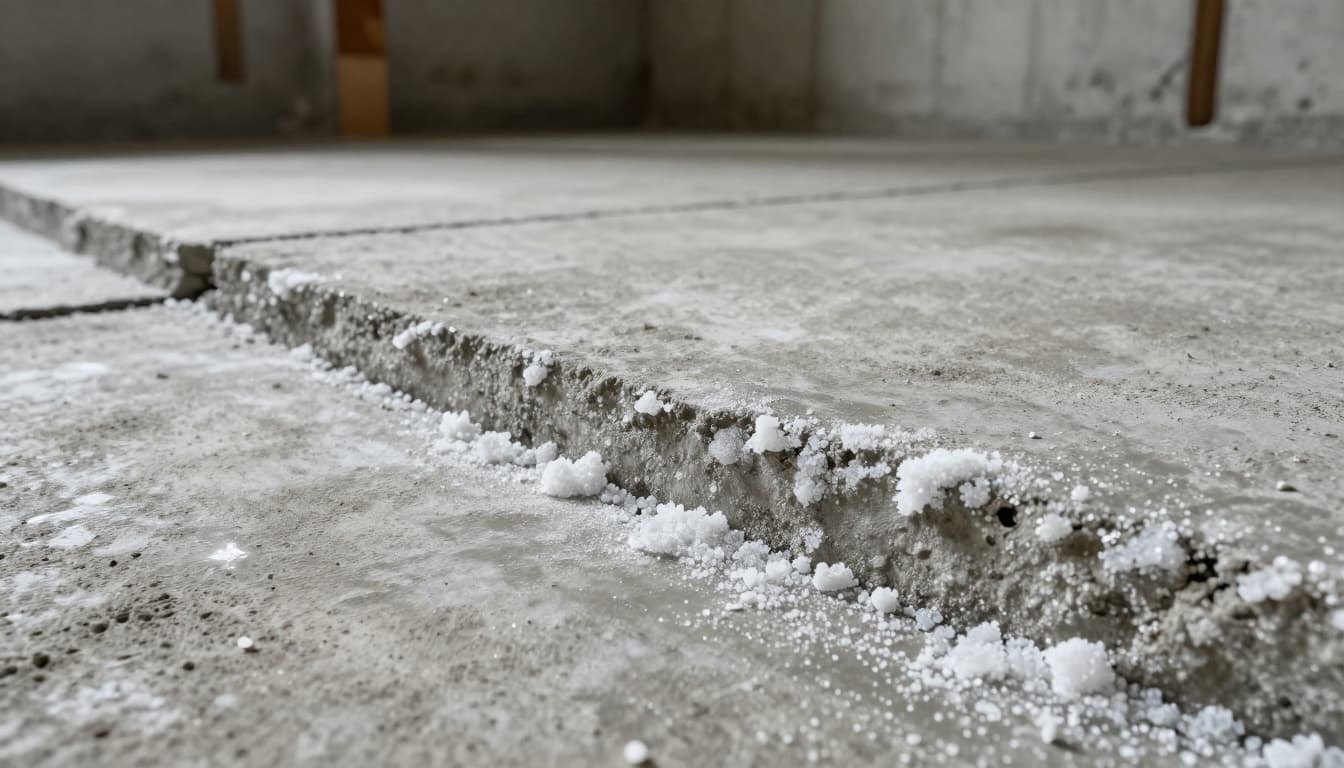 Photorealistic close-up of a basement concrete slab with white crystalline efflorescence deposits along cracks and edges, textured surface, subtle moisture sheen.