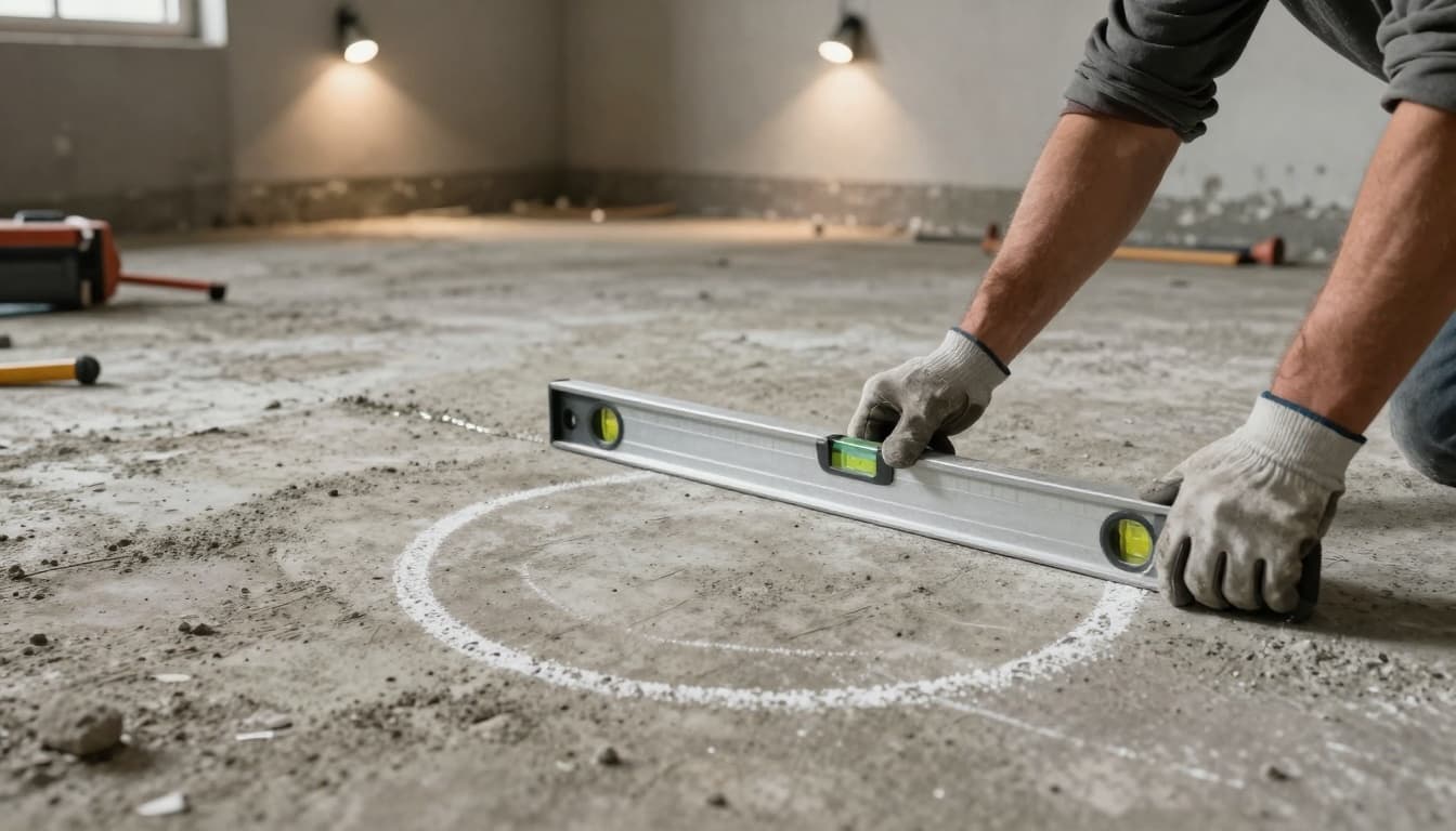Basement slab being checked for low spots with a straightedge