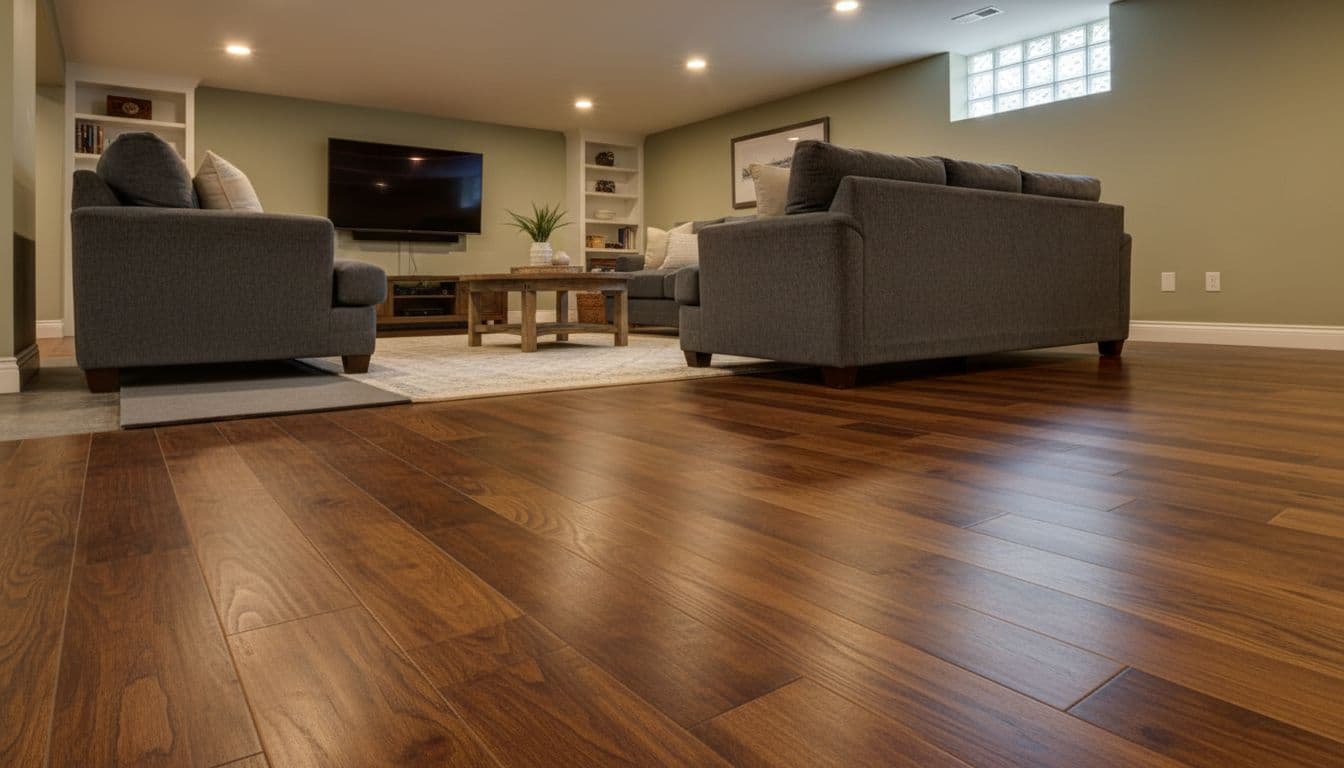 Ultra-realistic photo-style image of a cozy finished basement family room with warm engineered hardwood oak flooring installed over proper underlayment on a concrete slab, featuring furniture, rug, TV, and recessed lighting with no signs of moisture.