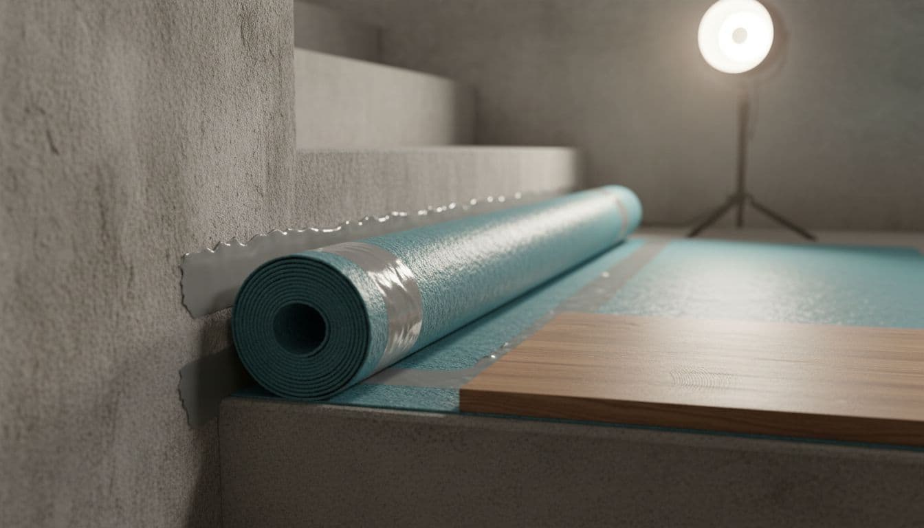 Close-up ultra-realistic photo of vapor retarder underlayment being unrolled and installed under hardwood treads on basement stairs, with taped overlap seams and sealed edges against concrete.