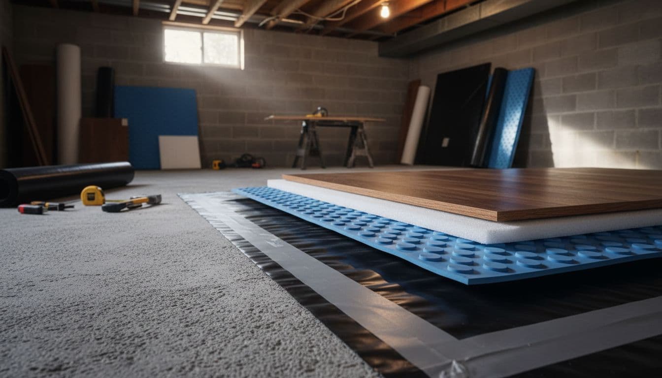 Ultra-realistic cutaway view of layered underlayment for engineered hardwood flooring on a concrete slab in a moisture-prone basement, including vapor barrier, dimpled membrane, and foam padding, with unfinished basement background.