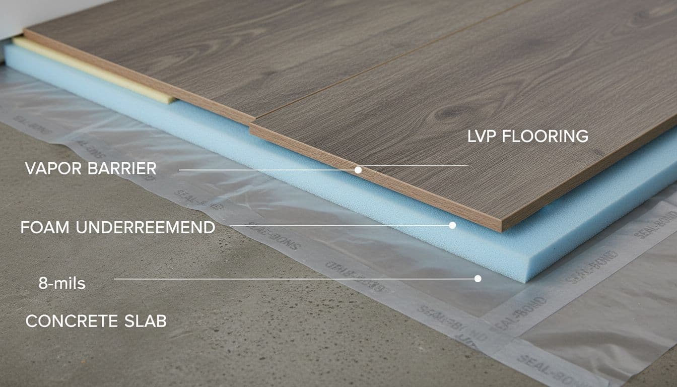 Basement LVP assembly cutaway with vapor barrier