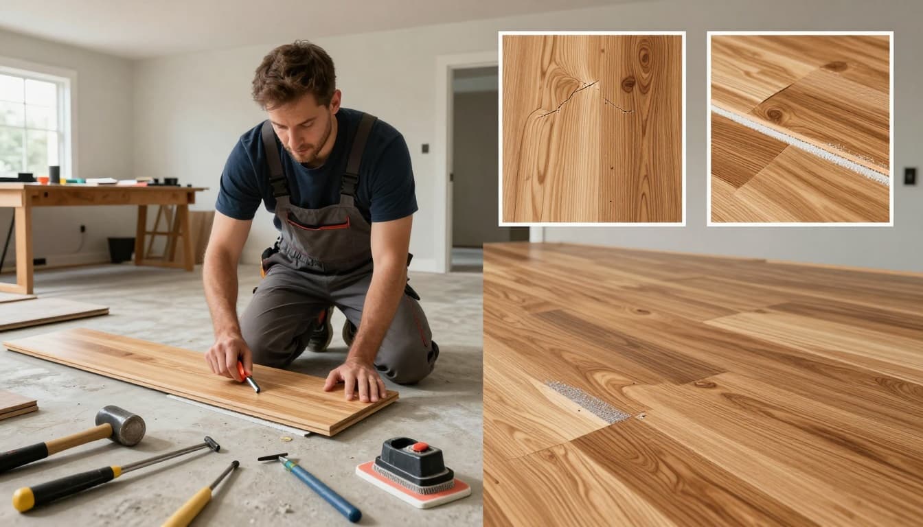 Ultra-realistic photo of a modern Georgia home basement workshop where an installer demonstrates easy LVP plank replacement versus spot-repairing a dent on engineered hardwood, with tools and before/after details.