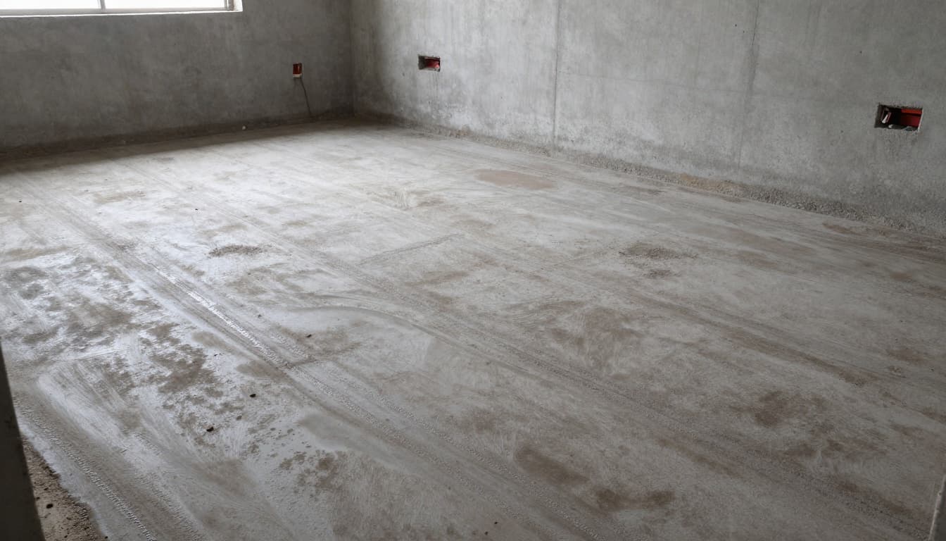 Photorealistic wide shot of an unfinished residential basement slab featuring visible moisture signs like efflorescence lines, dark spots, and patchy discoloration on the concrete surface. Concrete walls show water stains with minimal tools scattered under soft diffused lighting from a small window.