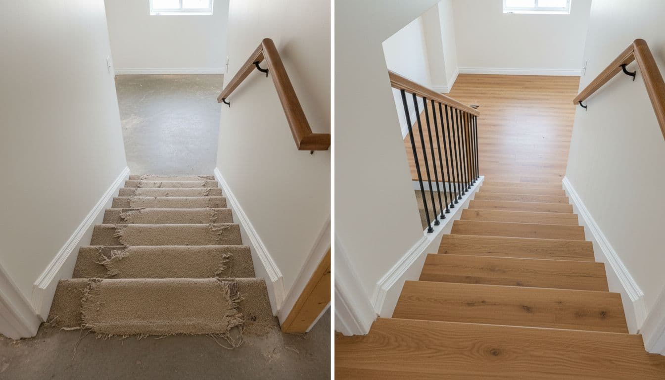 Ultra-realistic photorealistic split-image of basement stairs renovation: left side shows old worn carpeted stairs with frayed edges and dark handrail; right side features new oak luxury vinyl plank treads, white risers, black metal balusters, and wood handrail matching the basement floor.