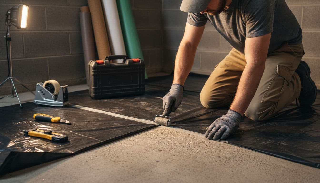 Professional flooring installer kneeling in dimly lit basement, taping seams of black polyethylene vapor barrier over concrete slab with hand roller while using digital moisture meter.