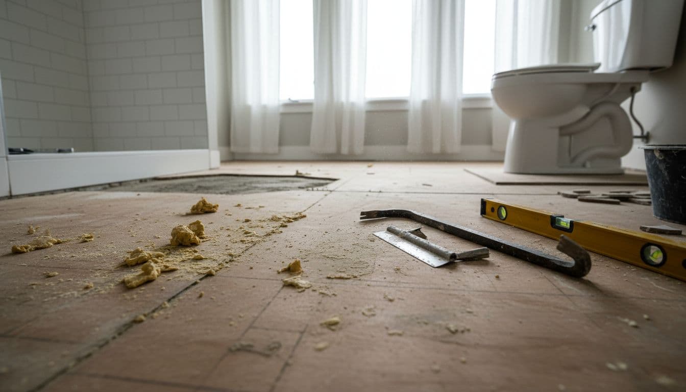 Bathroom remodel with partially removed flooring exposing subfloor, adhesive residue, and leveling tools