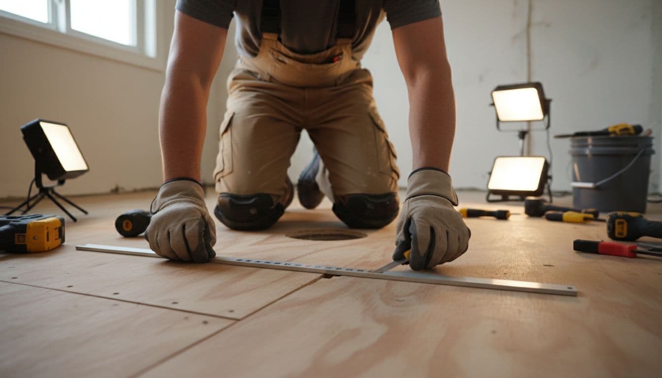 Photorealistic close-up of a professional installer using a 6-foot straightedge and feeler gauge to measure a low spot on plywood subfloor in a residential bathroom renovation site with natural daylight.