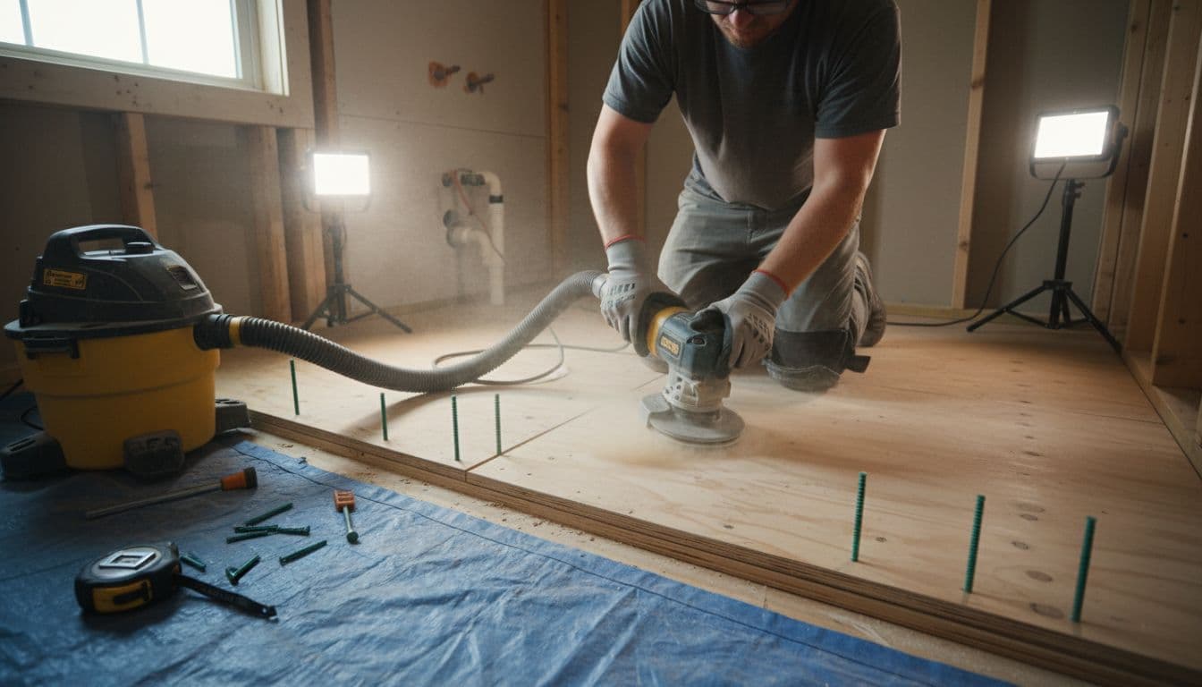 Photorealistic high-resolution image of an installer grinding or sanding a high seam in plywood subfloor during a small bathroom renovation, with a shop vac sucking up dust and fastening a squeaky panel using deck screws. The clean active jobsite features natural daylight, work lights, and PPE including gloves and knee pads.