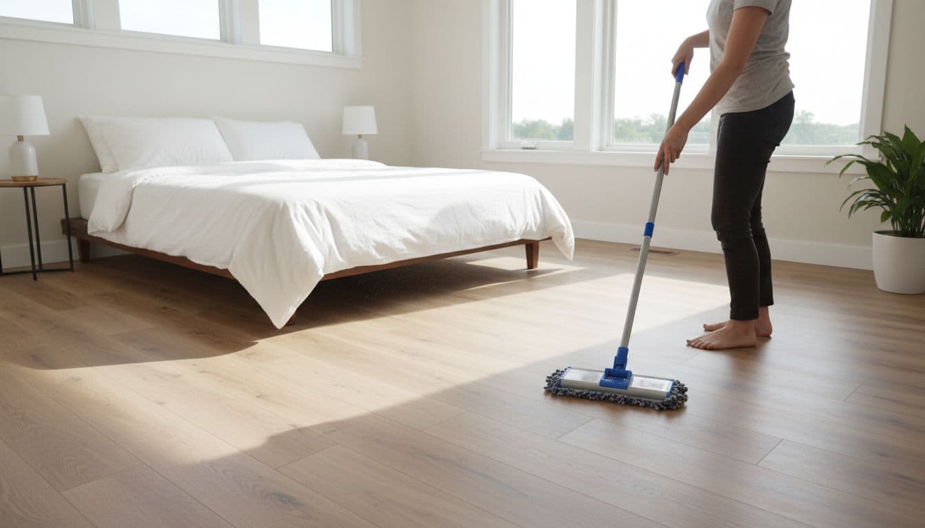 A person with back turned relaxes hands on mop handle while wiping clean luxury vinyl plank LVP wood-look flooring in a bright naturally lit bedroom with simple furniture.