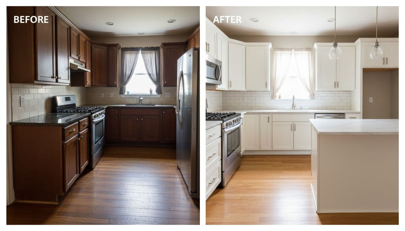 Split-image composition of a kitchen remodel in a Cumming home, showing refinished hardwood floors and transformation from old dark cabinets to light modern ones, captured in realistic bright daylight photography.