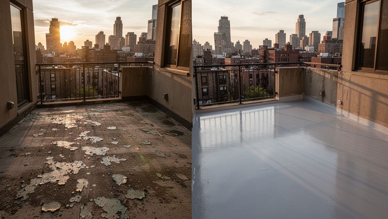 Split comparison image showing damaged pitted spalled concrete on the left and smooth epoxy-coated repair on the right of an urban apartment balcony, cinematic sunset lighting with strong contrast and depth.