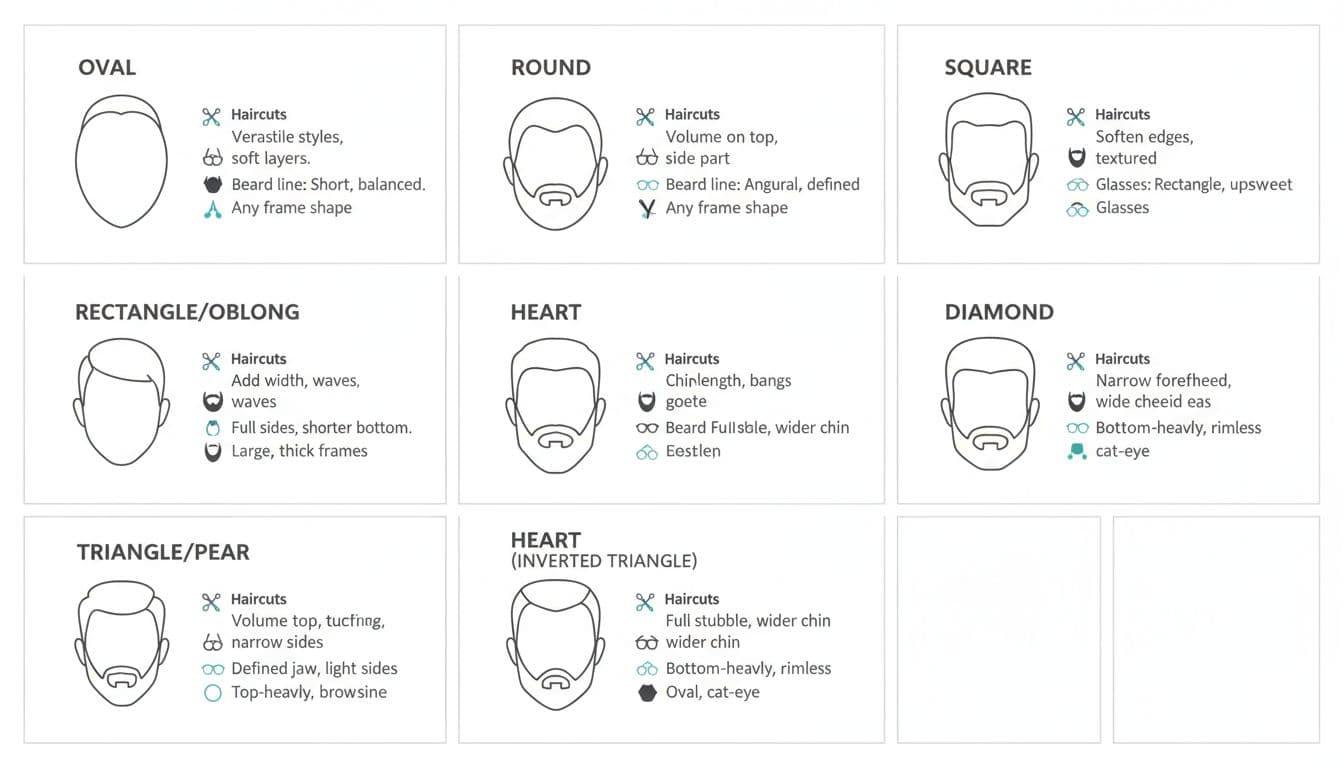 A clean, educational infographic in a 3x3 grid layout featuring seven gender-neutral face shapes—Oval, Round, Square, Rectangle, Heart, Diamond, and Triangle—with bullet-point recommendations for haircuts, beard lines, and glasses.