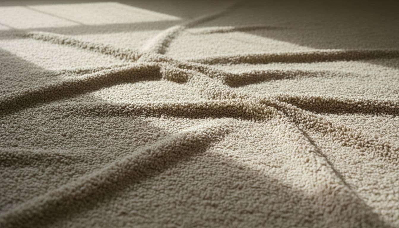 Close-up view of beige carpet floor in a living room with visible ripples and wrinkles forming waves across the surface, captured in natural indoor lighting with high detail on fabric texture.