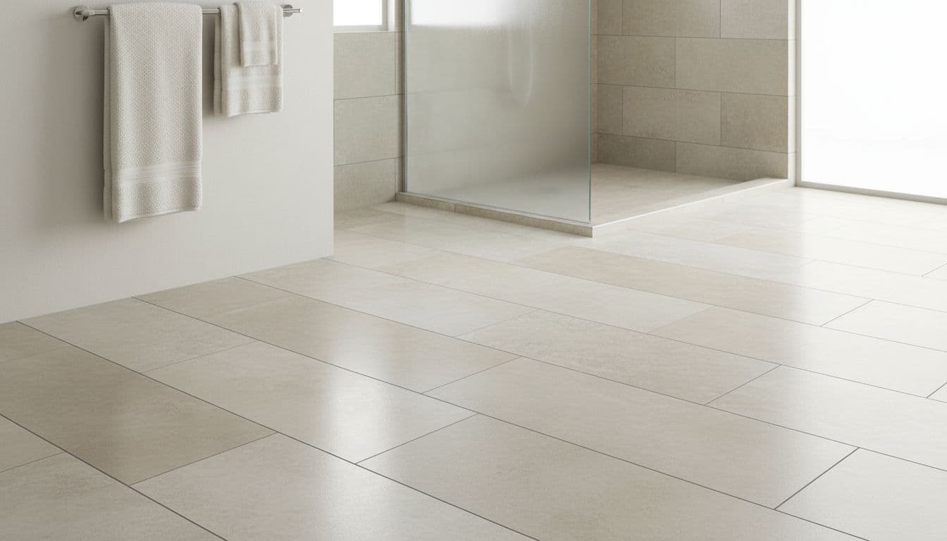 Realistic photo of a bathroom floor with large format ceramic tiles in neutral beige tones, minimal grout lines, and dark grout. Background features a wet shower area and towel rack with exactly two towels, lit by bright natural light.