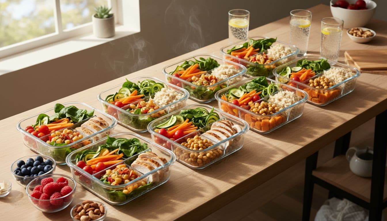 Photorealistic food photography of five glass containers with balanced Blood Pressure Plate lunches arranged on a light-wood counter in a sunny kitchen under soft natural light.