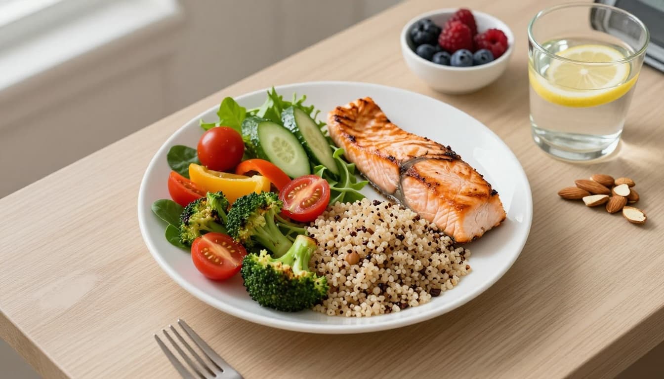 Photorealistic overhead view of a Blood Pressure Plate dinner on a white ceramic plate: half colorful non-starchy vegetables, quarter grilled salmon, quarter quinoa, with sides of mixed berries, unsalted almonds, and lemon water.