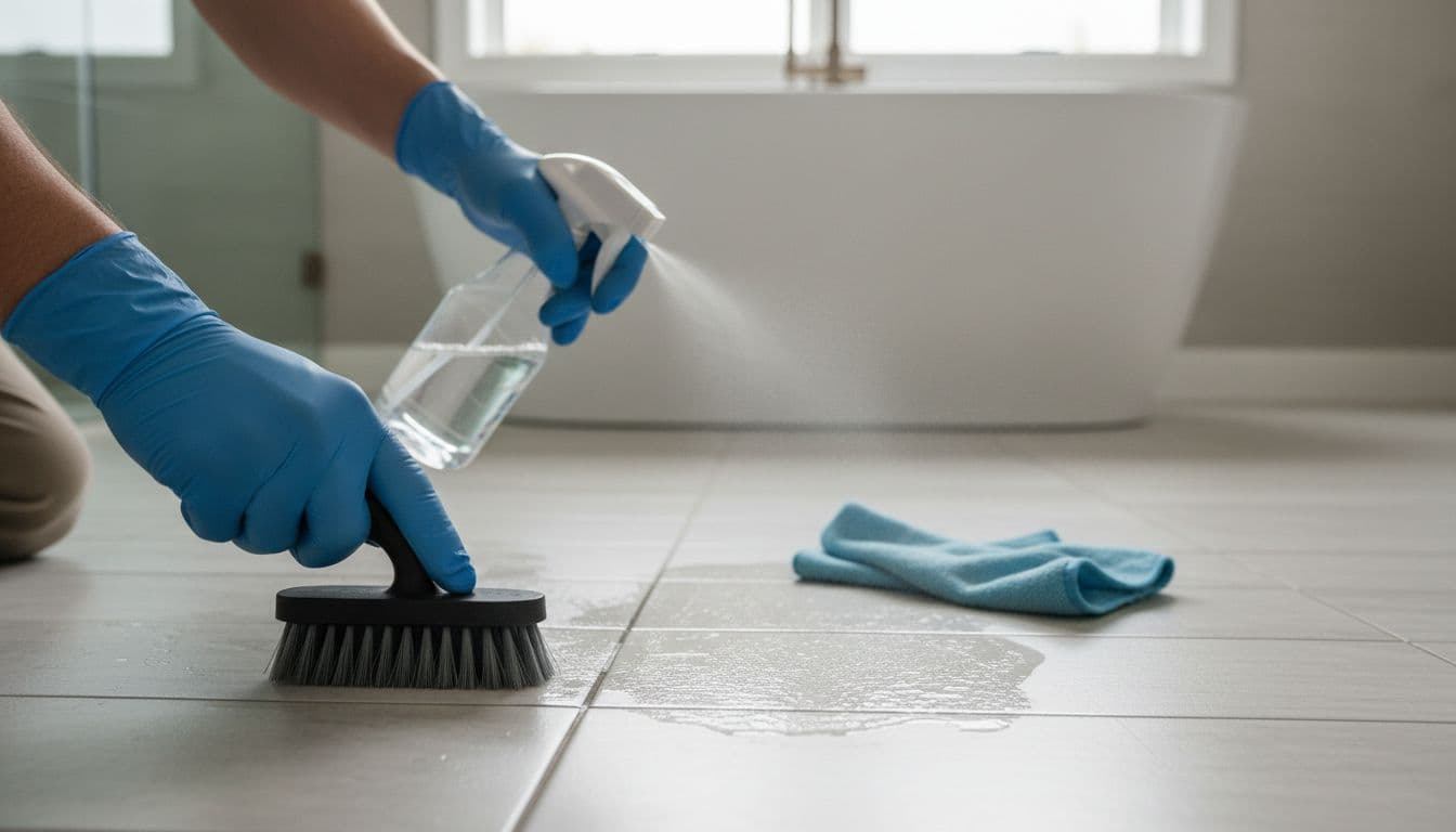 Hands scrubbing grout lines with a stiff brush and spray bottle